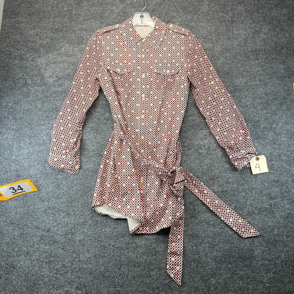 Tory Burch Shirt Dress Women 4 Multi Check Long Sleeve Belted Waist Button Front